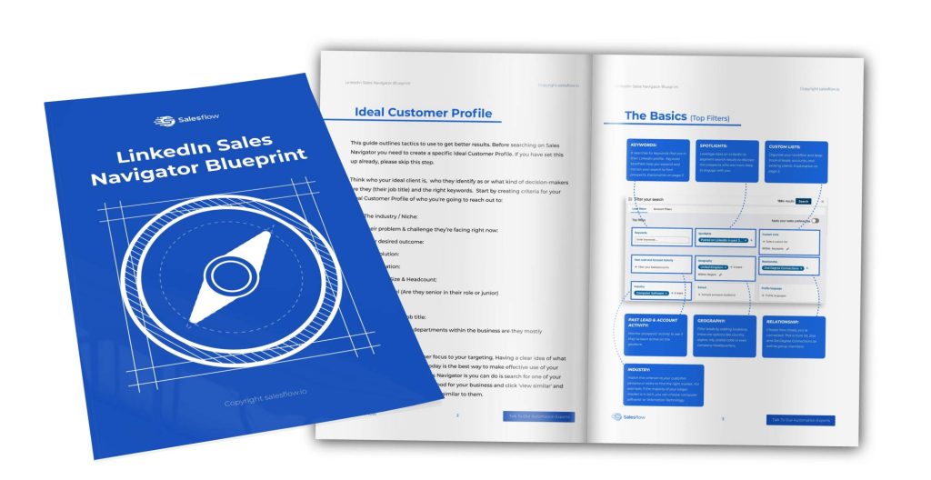 An image of the Salesflow LinkedIn Sales Navigator downloadable guide. The preview is open to a guide to ICPs and filtering basics.