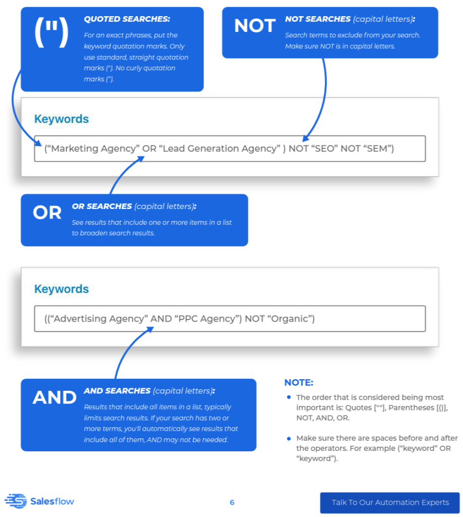 A picture from the guide to boolean searches on LinkedIn.