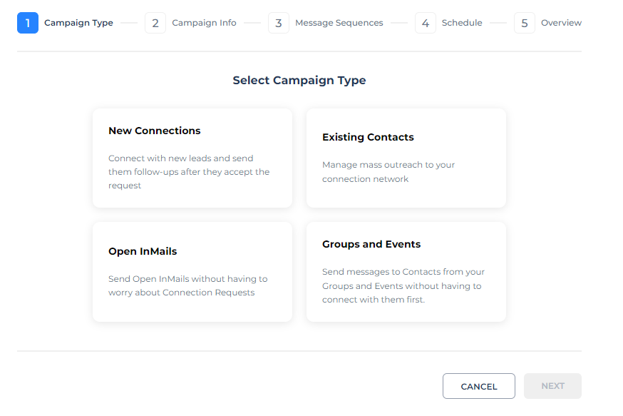 An image of the Salesflow dashboard showing a selection panel for 4 different campaign types: new connections, existing connections, open InMails, and Groups and Events.