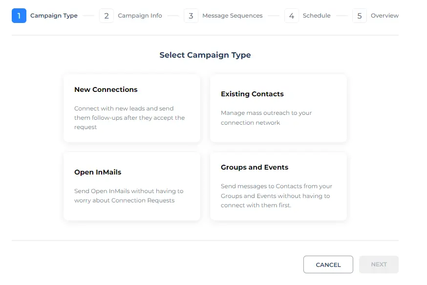 An image of the Salesflow dashboard showing a selection panel for 4 different campaign types: new connections, existing connections, open InMails, and Groups and Events.