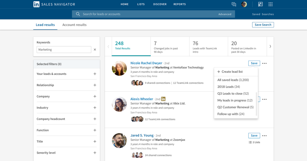 A picture of the LinkedIn Sales Navigator dashboard. After the 'save' button is clicked, a list appears with options to create a lead list, or add a lead to an existing named list.