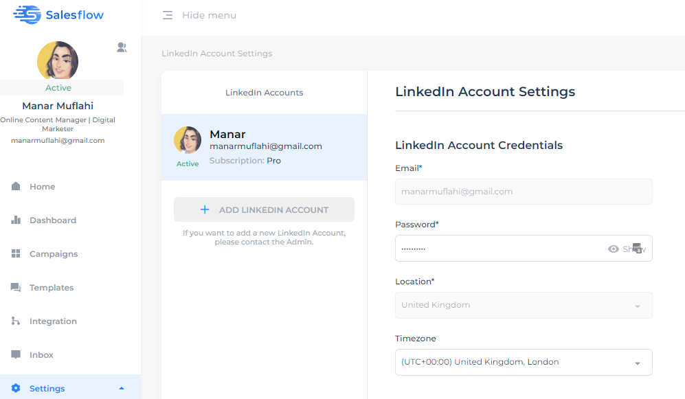 An image of the Salesflow dashboard. The user is on the account settings dashboard.