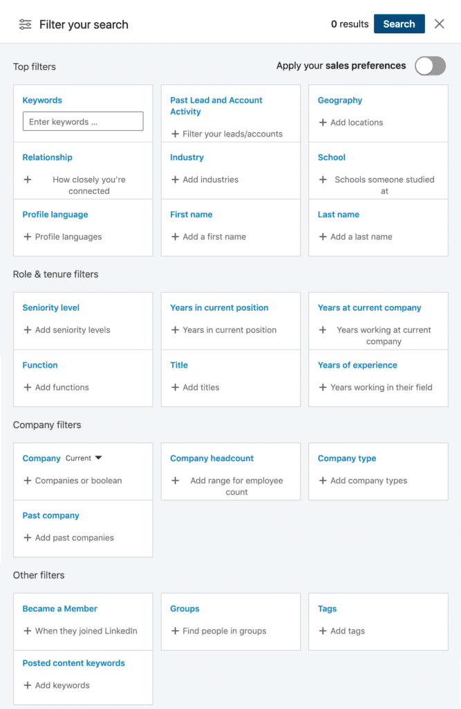 LinkedIn Sales Navigator filters.
