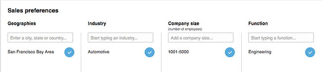 An image of the Sales preferences filters. There are options to choose geographies, industry, company size and function.