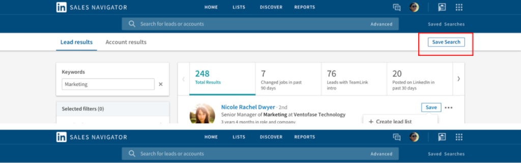 A picture of the LinkedIn Sales Navigator dashboard. The button in the top right to save the search is highlighted with a red box.