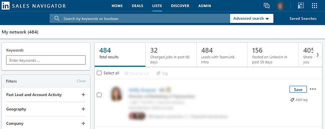 A picture of the LinkedIn Sales Navigator dashboard. The profiles are greyed out to emphasise the 'select all' button at the top of the results page.