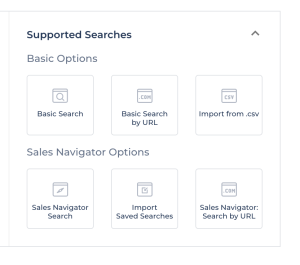Options for supported Sales Navigator searches. Buttons that say 'sales navigator search', 'import saved searches', and 'sales navigator: search by URL'