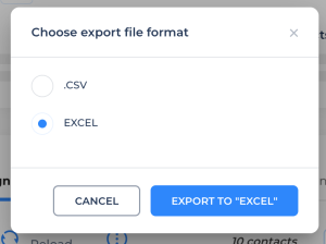 A menu with the option to export leads to excel or csv