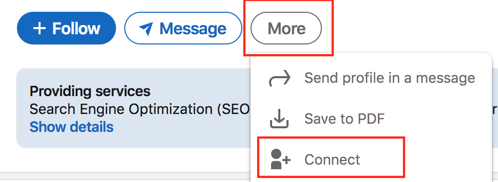 Find the connect button on someone's LinkedIn profile by clicking 'more'. 